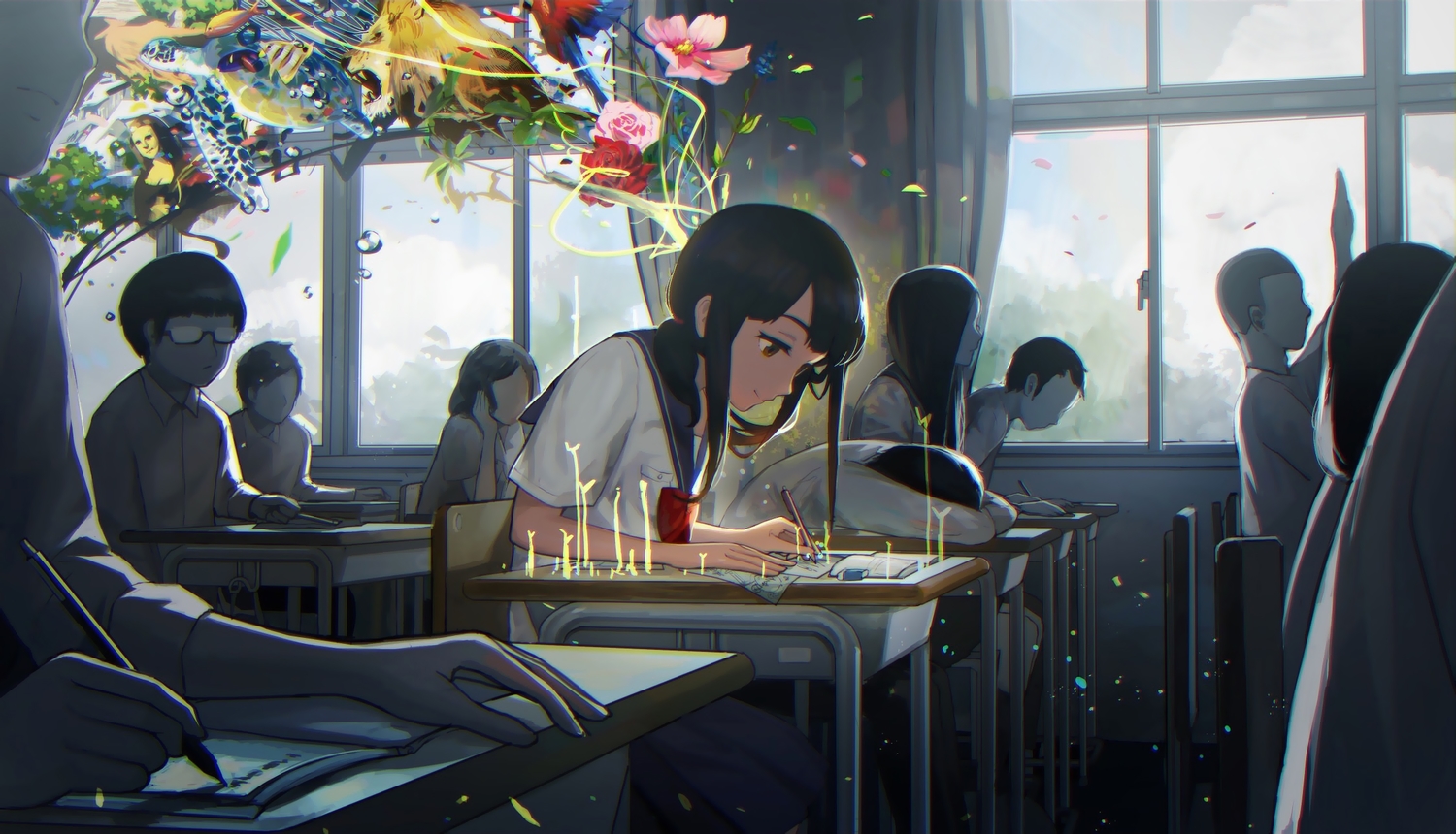 animal, black_hair, flowers, jpeg_artifacts, original, pine_(yellowpine112), rose, school_uniform