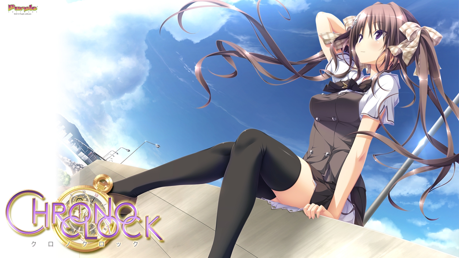 andou_misaki, brown_hair, chrono_clock, koku, long_hair, purple_software, school_uniform, sky, thighhighs, twintails