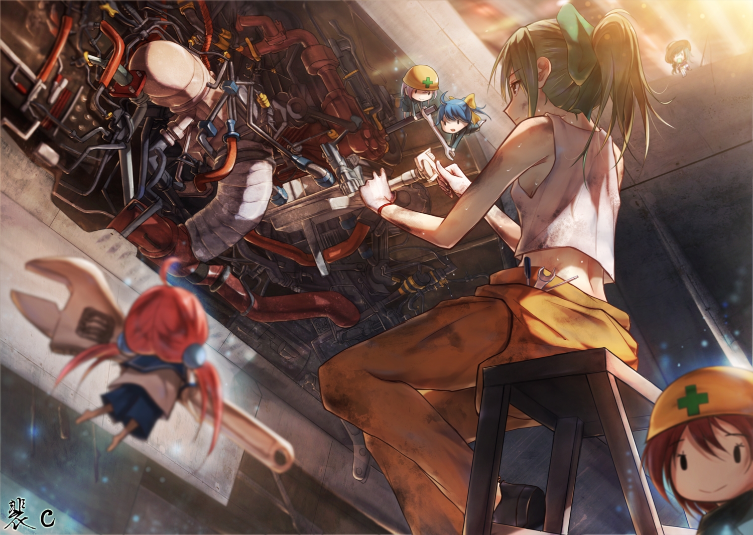 aircraft, anthropomorphism, bae.c, barefoot, blue_hair, brown_hair, construction_fairy_(kancolle), equipments_fairy_(kancolle), fairy_(kancolle), green_hair, group, hat, industrial, kantai_collection, pink_hair, ponytail, signed, twintails, wristwear, yuubari_(kancolle)