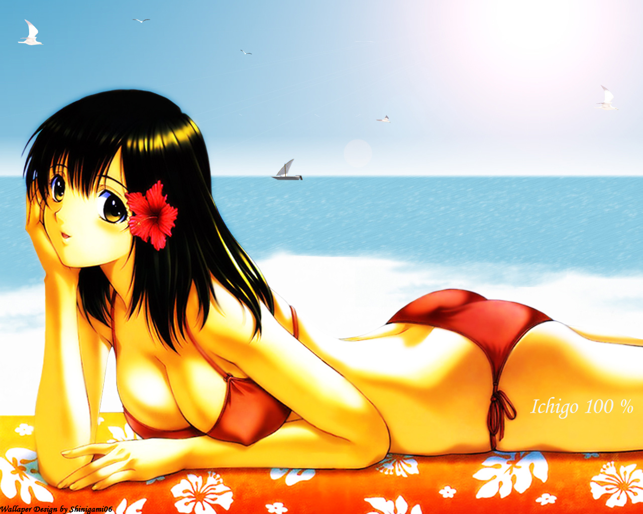 beach, black_hair, brown_eyes, ichigo_100, sky, summer, swimsuit, toujou_aya
