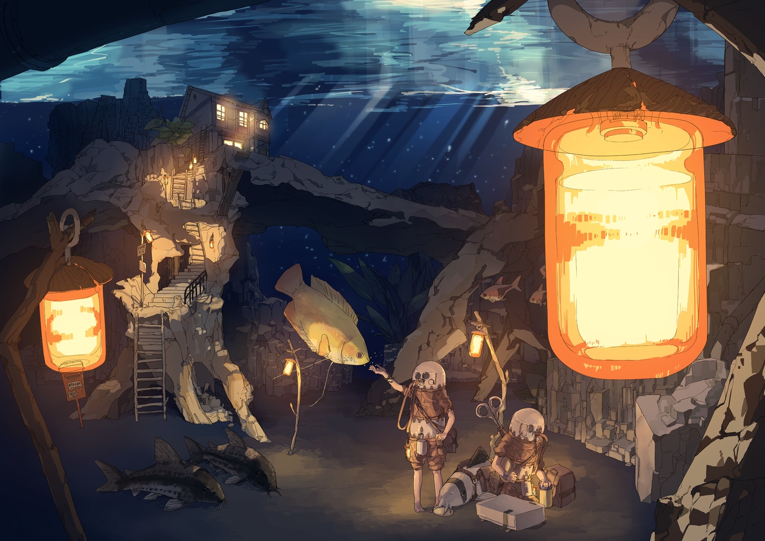 animal, building, fish, hitomai, original, stairs, underwater, water
