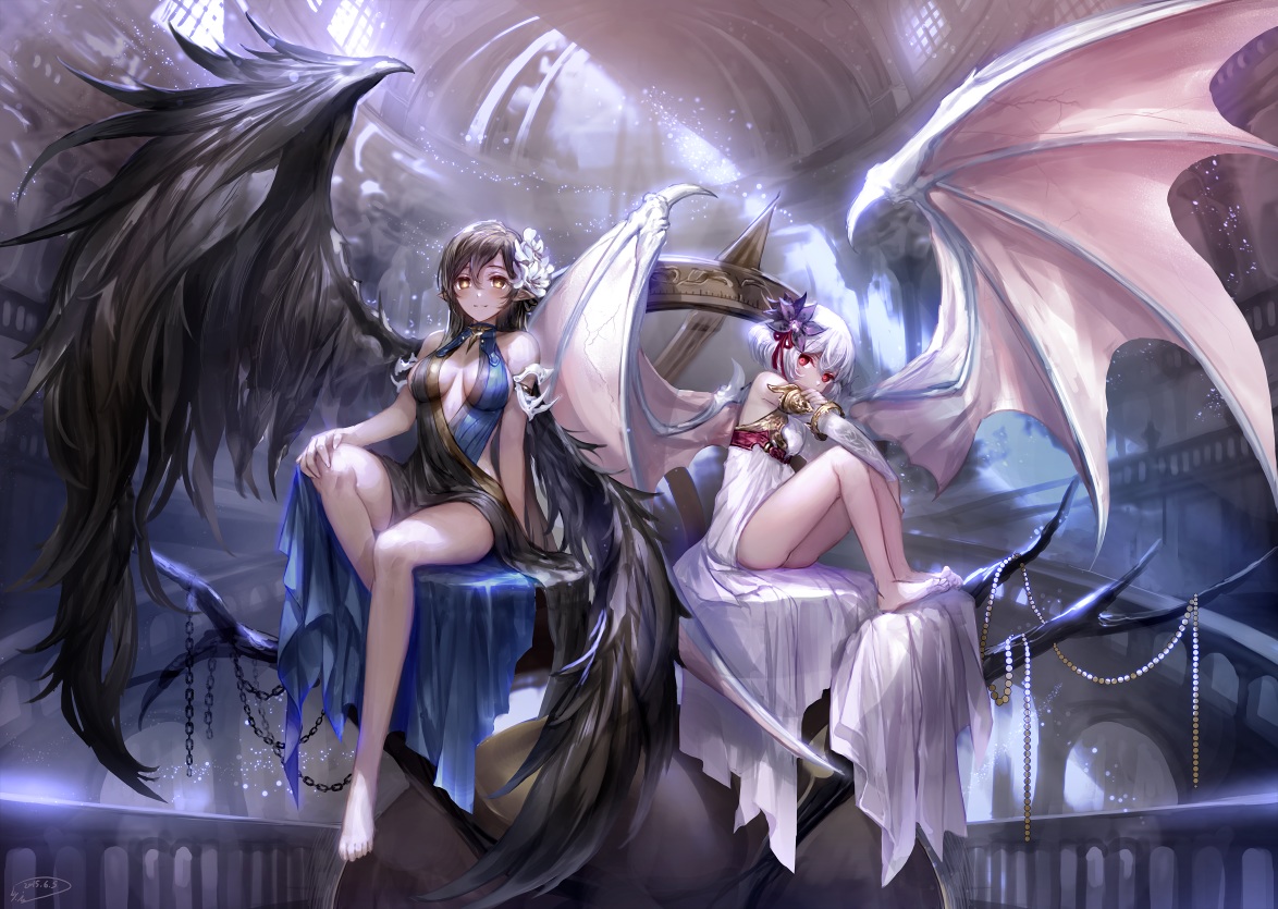 2girls, barefoot, black_hair, breasts, flowers, irua, original, red_eyes, short_hair, sideboob, white_hair, wings