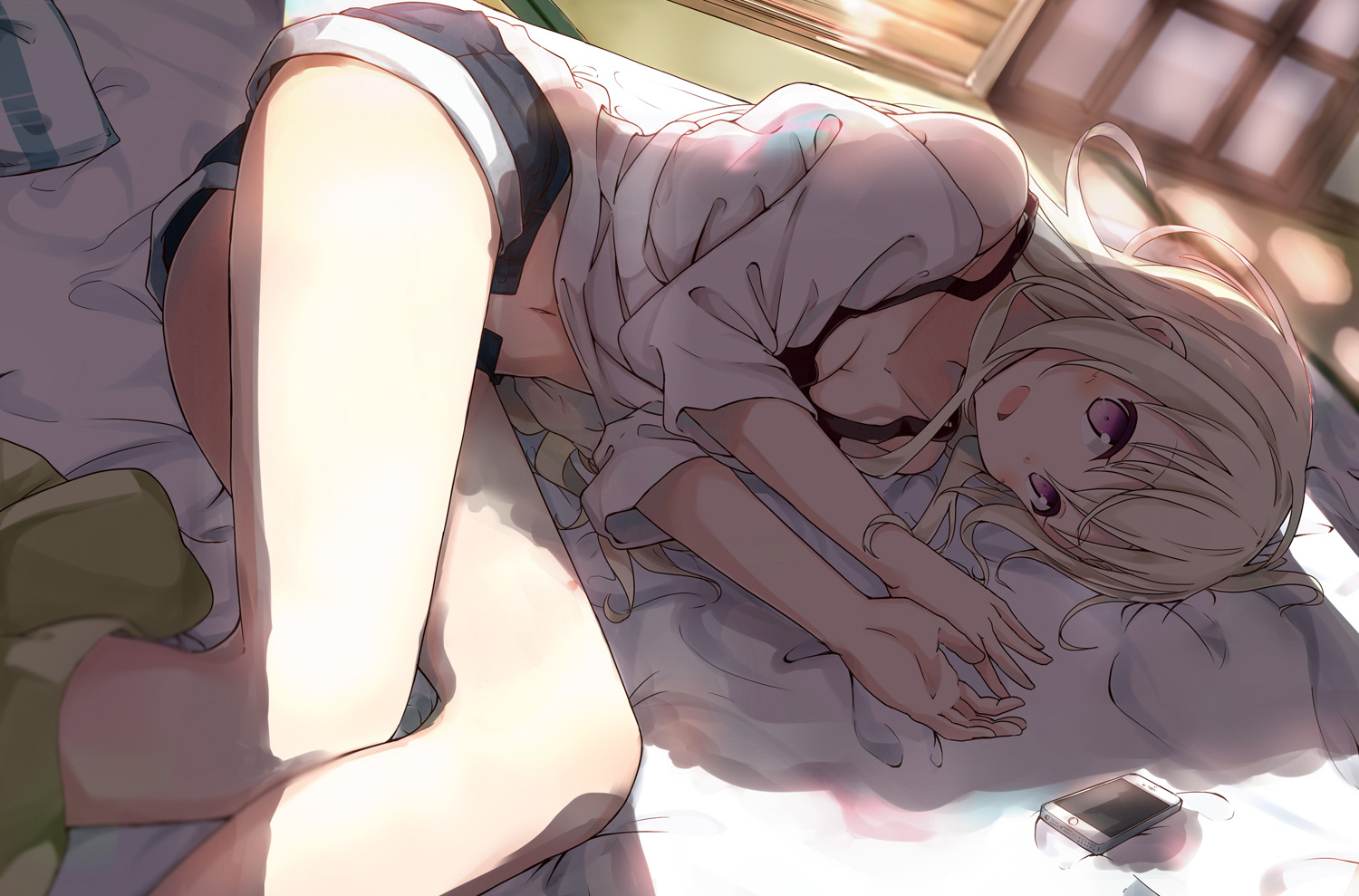 bed, blonde_hair, breasts, cleavage, long_hair, mizuki-chan_(sasahara_wakaba), navel, original, phone, purple_eyes, sasahara_wakaba, shorts