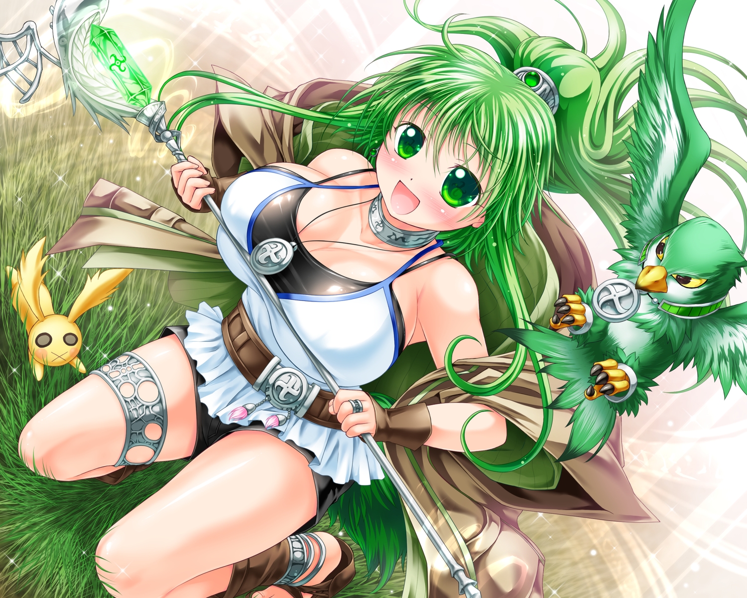 animal, breasts, choker, cleavage, garter, grass, green_eyes, green_hair, long_hair, necklace, ponytail, staff, wind_of_winter, wristwear, wynn_the_wind_charmer, yu-gi-oh