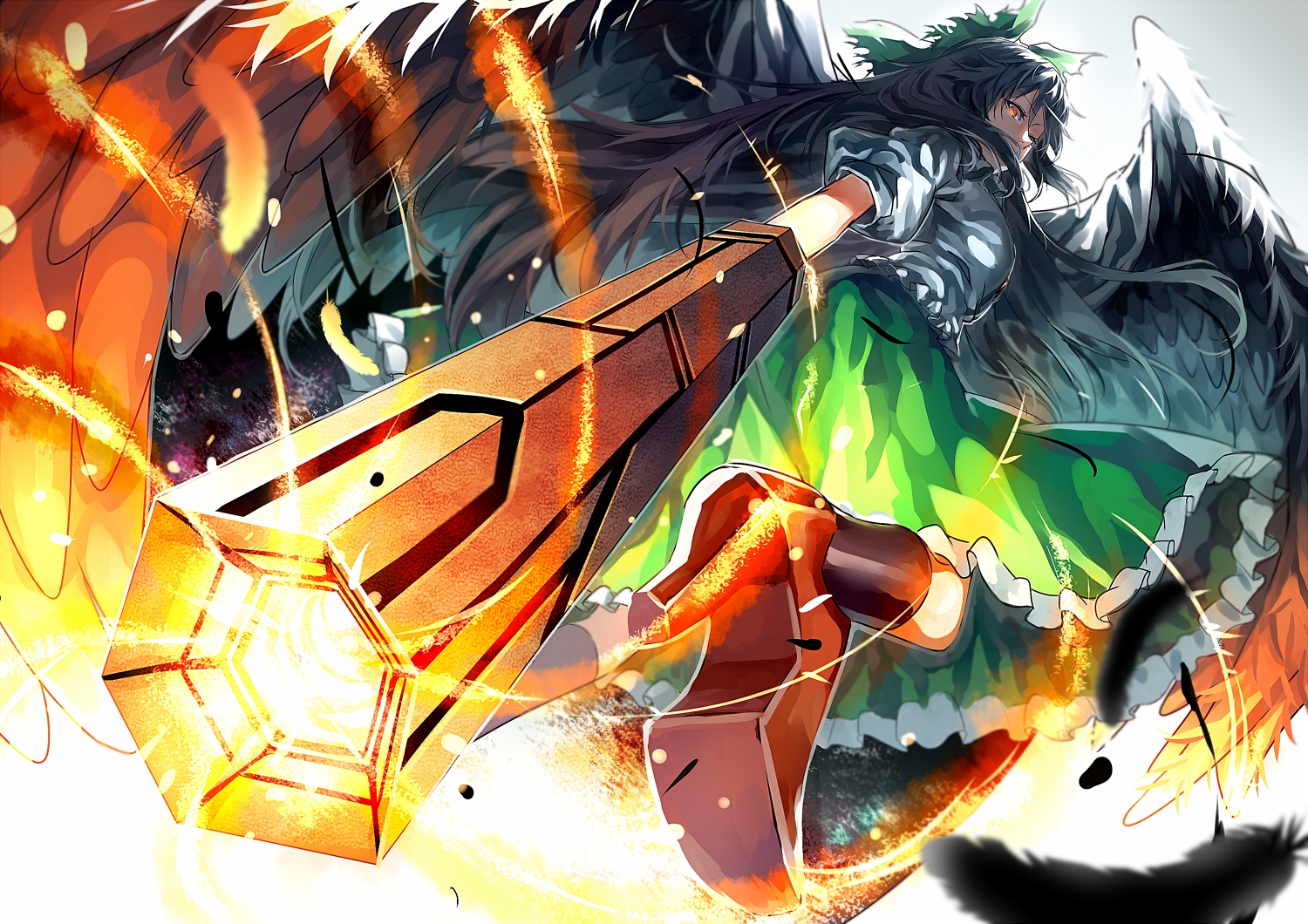 black_hair, feathers, long_hair, red_eyes, reiuji_utsuho, touhou, uu_uu_zan, weapon