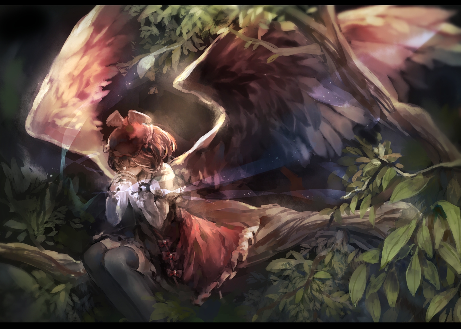 hat, leaves, mystia_lorelei, nazoko, thighhighs, touhou, tree, wings