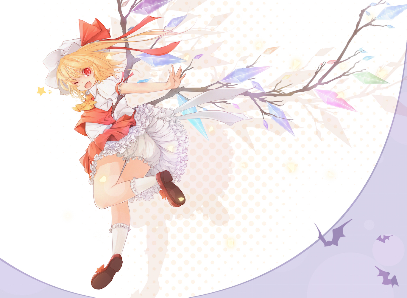 animal, ass, bat, blonde_hair, bloomers, bow, flandre_scarlet, hat