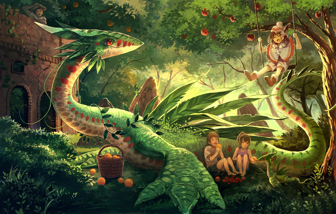 barefoot, building, dragon, food, forest, fruit, grass, hat, long_hair, male, nagakura_(seven_walkers), orange_eyes, orange_(fruit), original, short_hair, shorts, tree