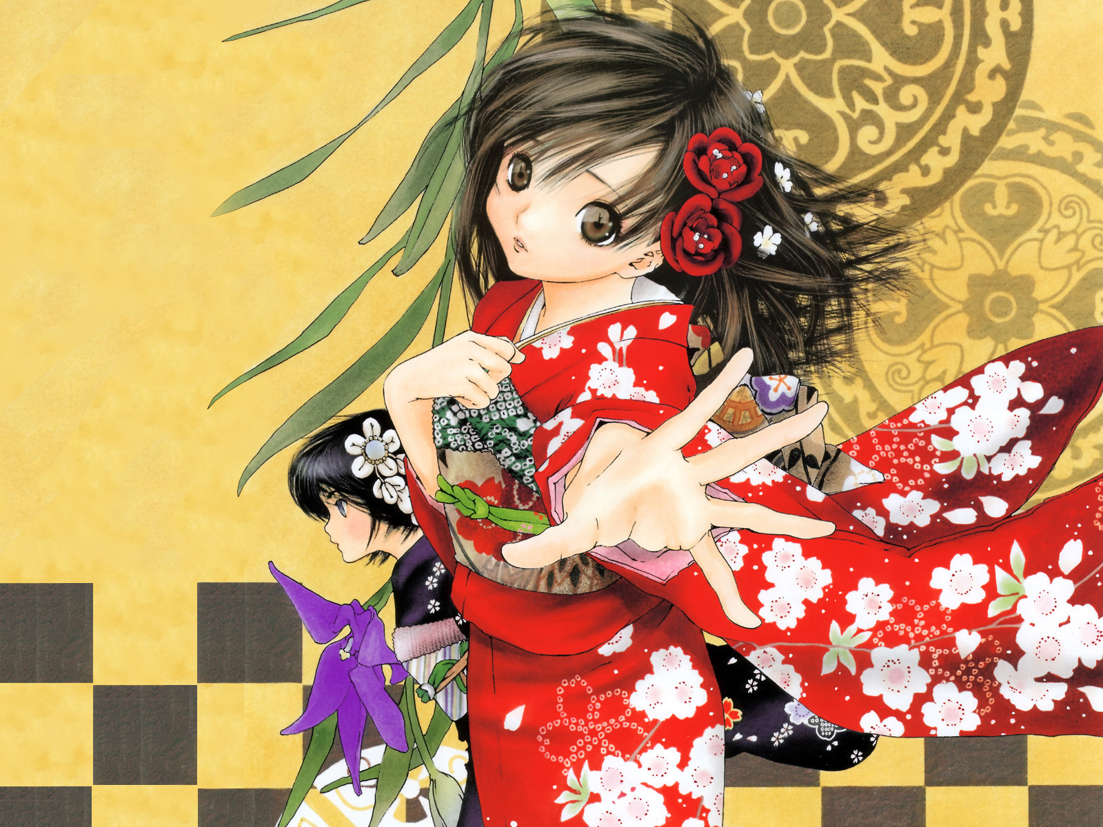 blue_eyes, blue_hair, brown_eyes, brown_hair, flowers, ichigo_100, japanese_clothes, kimono
