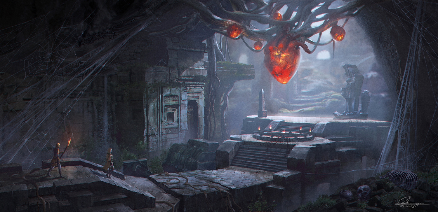 bones, dark, exca, original, pixiv_fantasia, ruins, scenic, signed, stairs