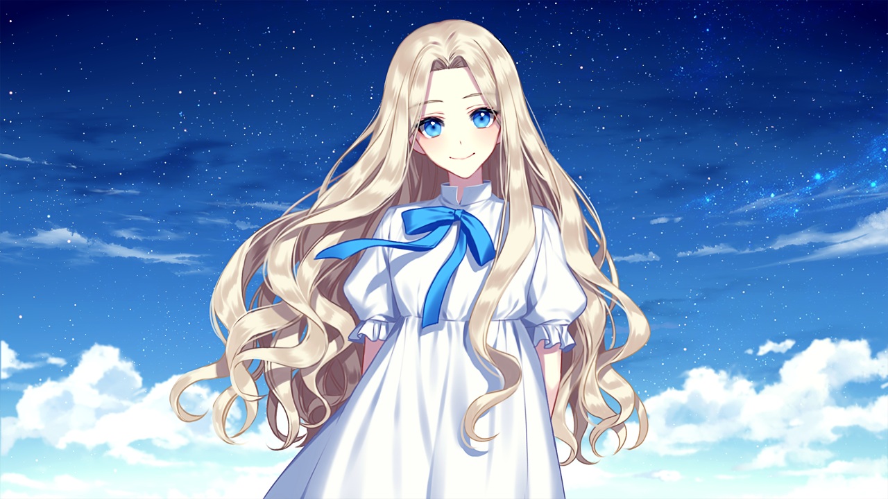 aqua_eyes, blonde_hair, bow, clouds, dress, jinha, long_hair, marnie, omoide_no_marnie, sky, stars