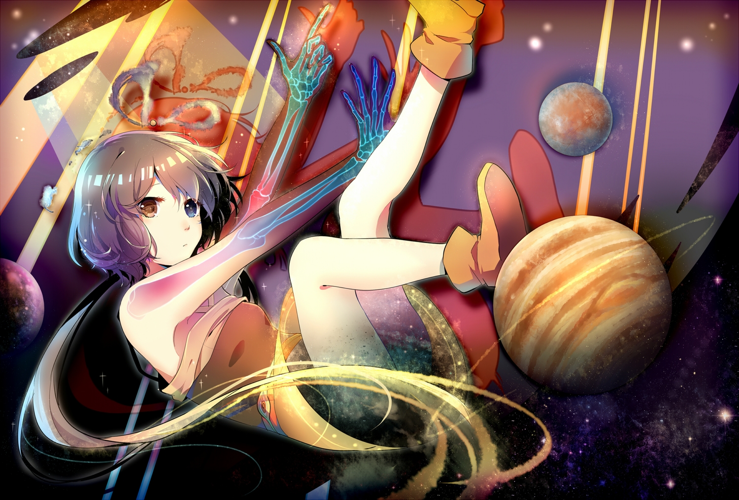 bicolored_eyes, boots, long_hair, luo_tianyi, mary_(14476764), planet, stars, vocaloid, vsinger