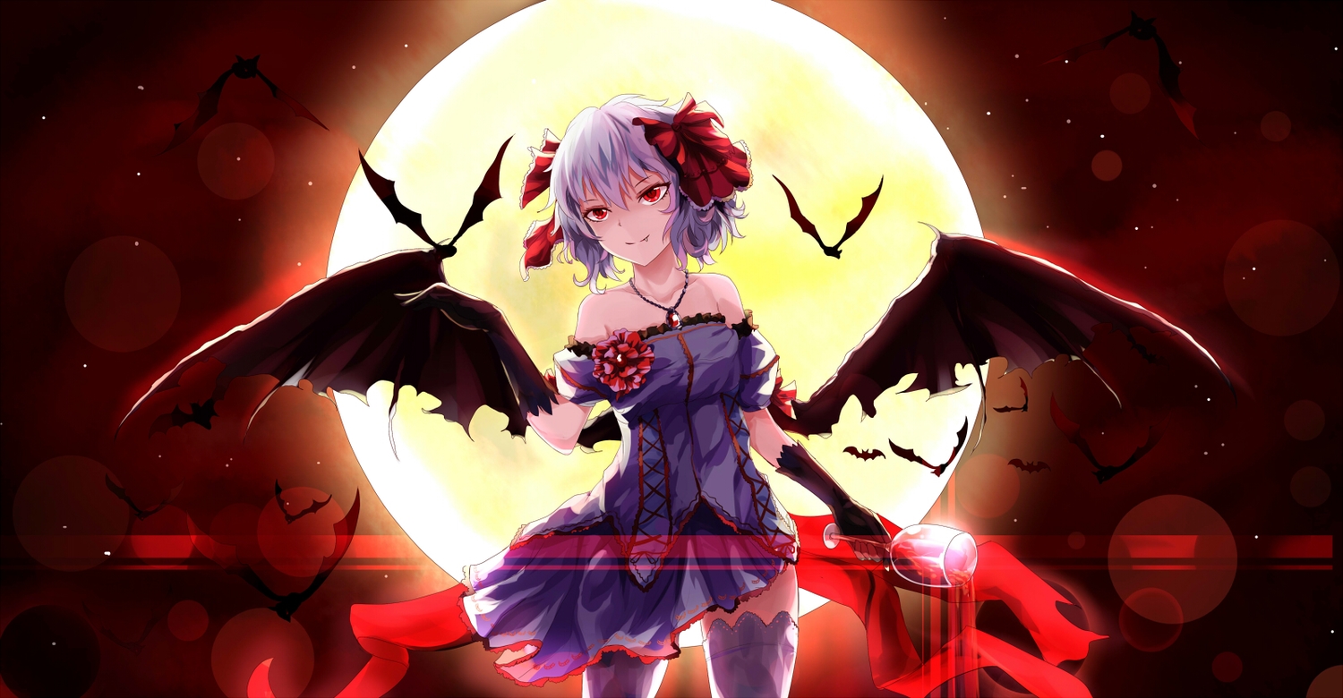 animal, bat, dress, fang, moon, red_eyes, remilia_scarlet, short_hair
