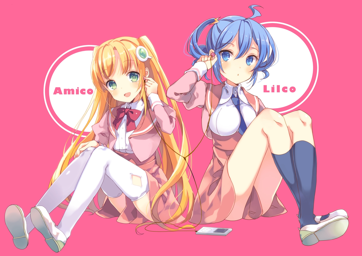 2girls, amiami, amico, blue_eyes, blue_hair, blush, chaa_(yumekui), green_eyes, headphones, kneehighs, lilco, long_hair, orange_hair, pink, school_uniform, short_hair, thighhighs