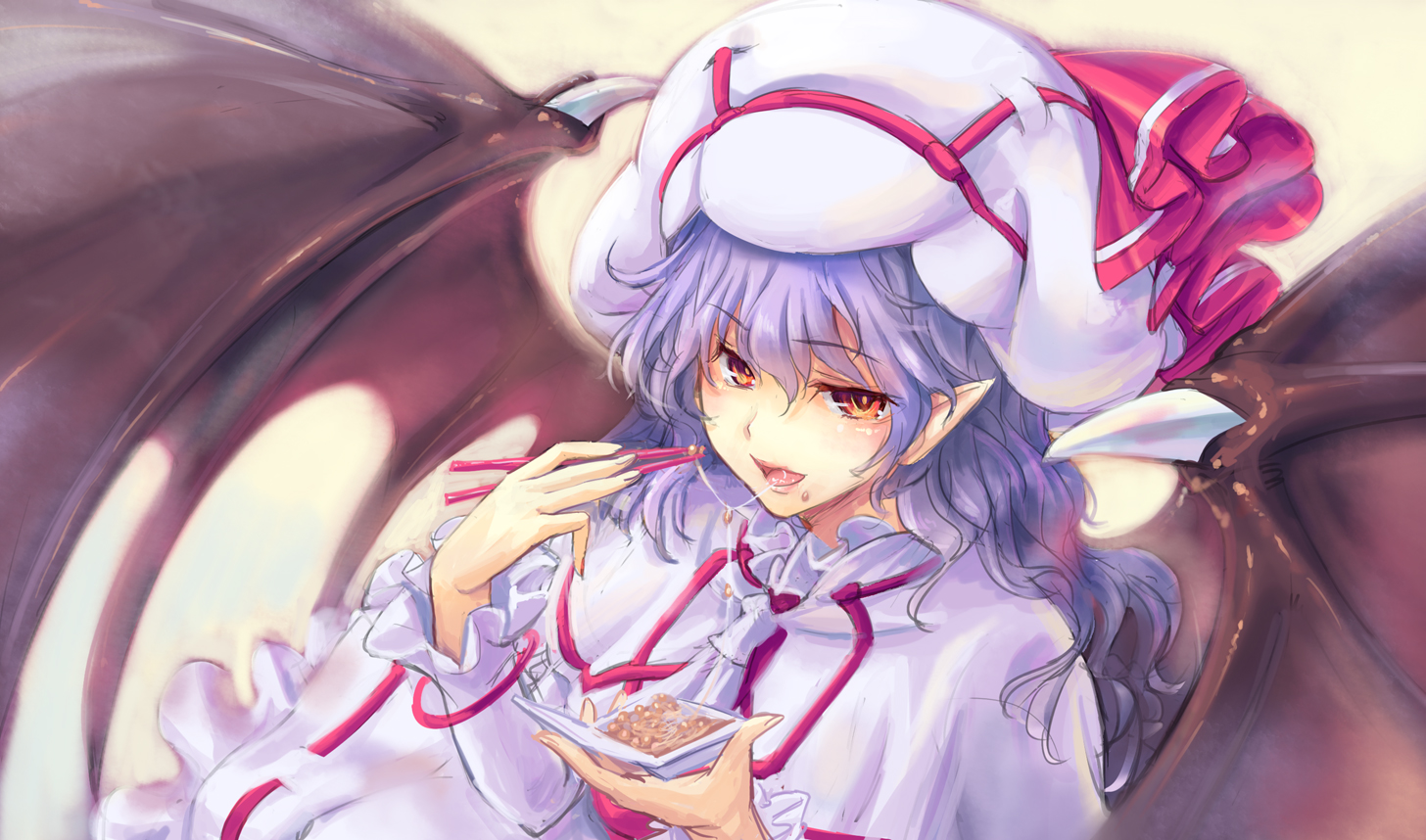 dress, food, hat, kiyama_satoshi, long_hair, orange_eyes, pointed_ears, purple_hair, remilia_scarlet, touhou, vampire, wings