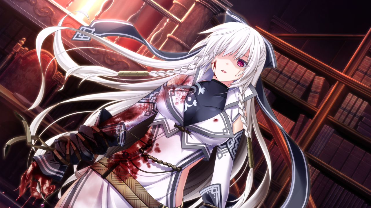 blood, book, braids, eushully, game_cg, kami_no_rhapsody, long_hair, mistoria, mitsuki_(eushully), pink_eyes, red_eyes, ribbons, white_hair