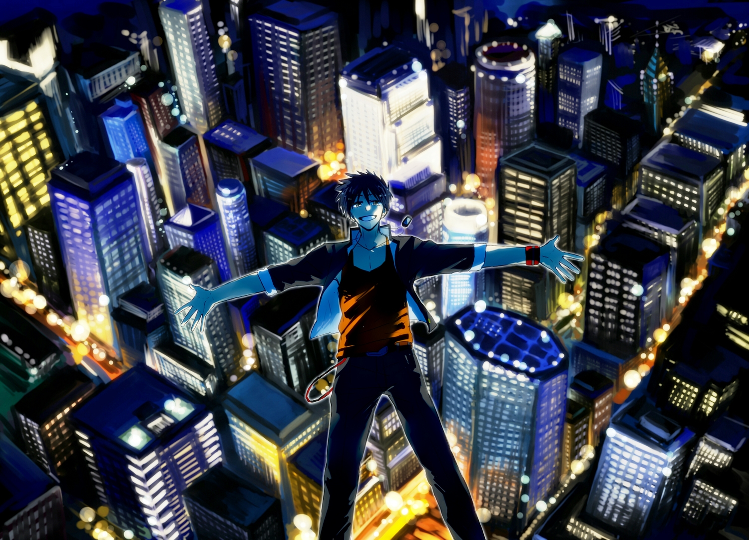 all_male, black_hair, building, city, kurame_snyj, male, night, psyren, yoshina_ageha
