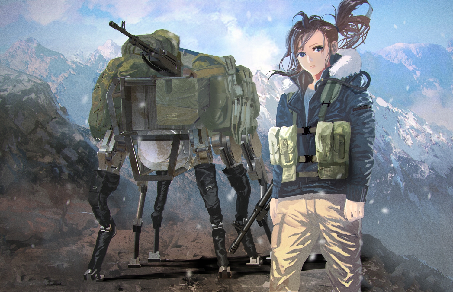 brown_hair, gun, hood, landscape, long_hair, mecha, military, ponytail