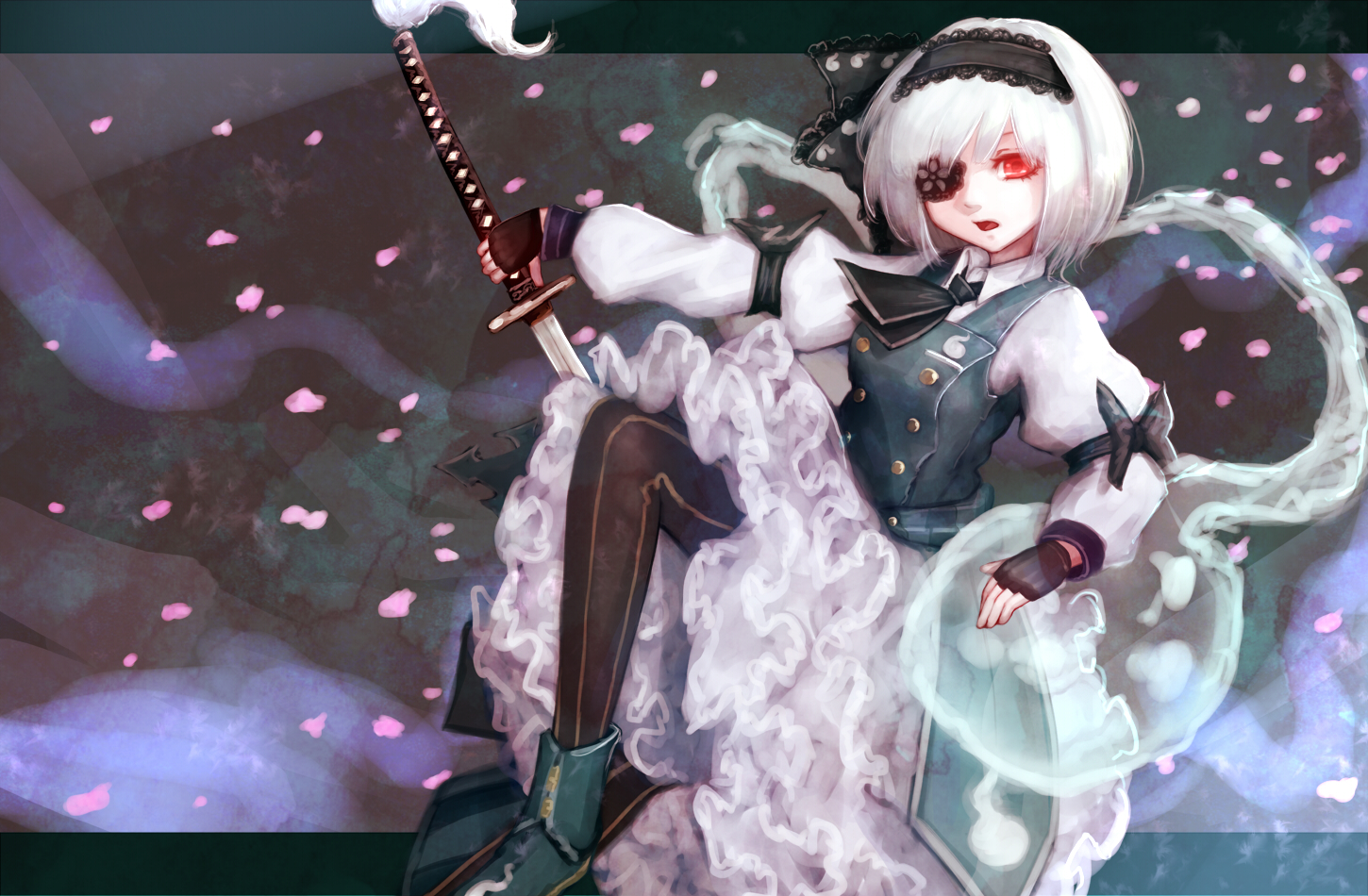 boots, eyepatch, gloves, headband, hoshibuchi, katana, konpaku_youmu, myon