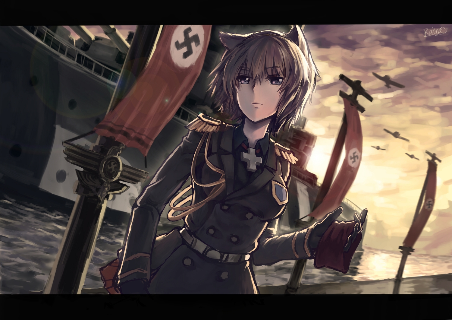 aircraft, animal_ears, anthropomorphism, bismarck, blonde_hair, boat, rain_(icetuofei), short_hair, signed, uniform, water, zhanjian_shaonu