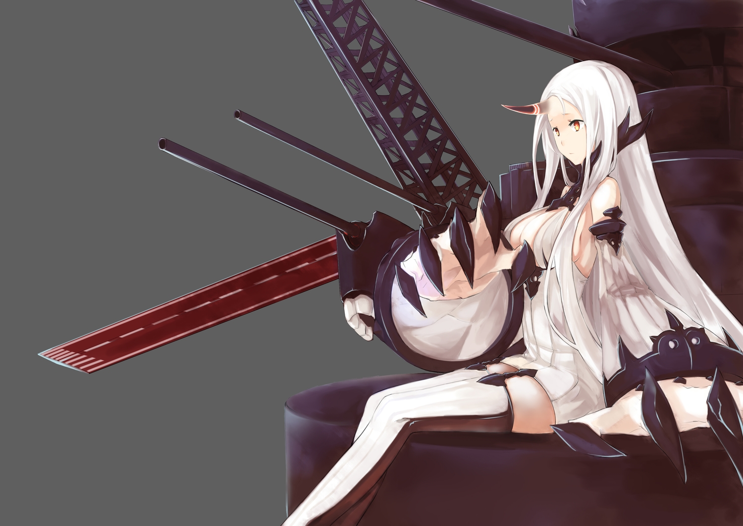 anthropomorphism, breasts, cleavage, harbour_water_demon, horns, kantai_collection, long_hair, thighhighs, white_hair, yan_wen_zi