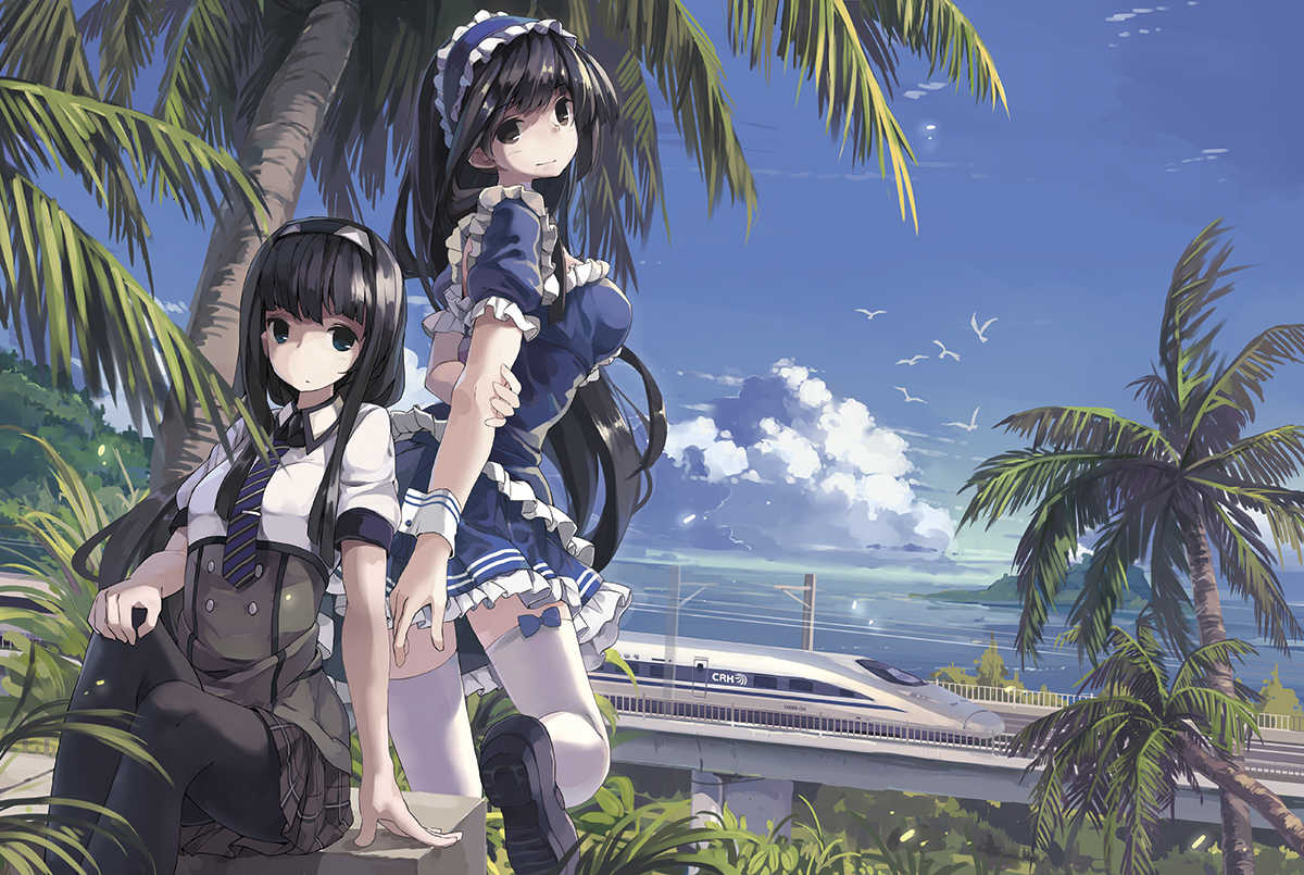 2girls, animal, anthropomorphism, bird, black_hair, clouds, headband, huanxiang_huifeng
