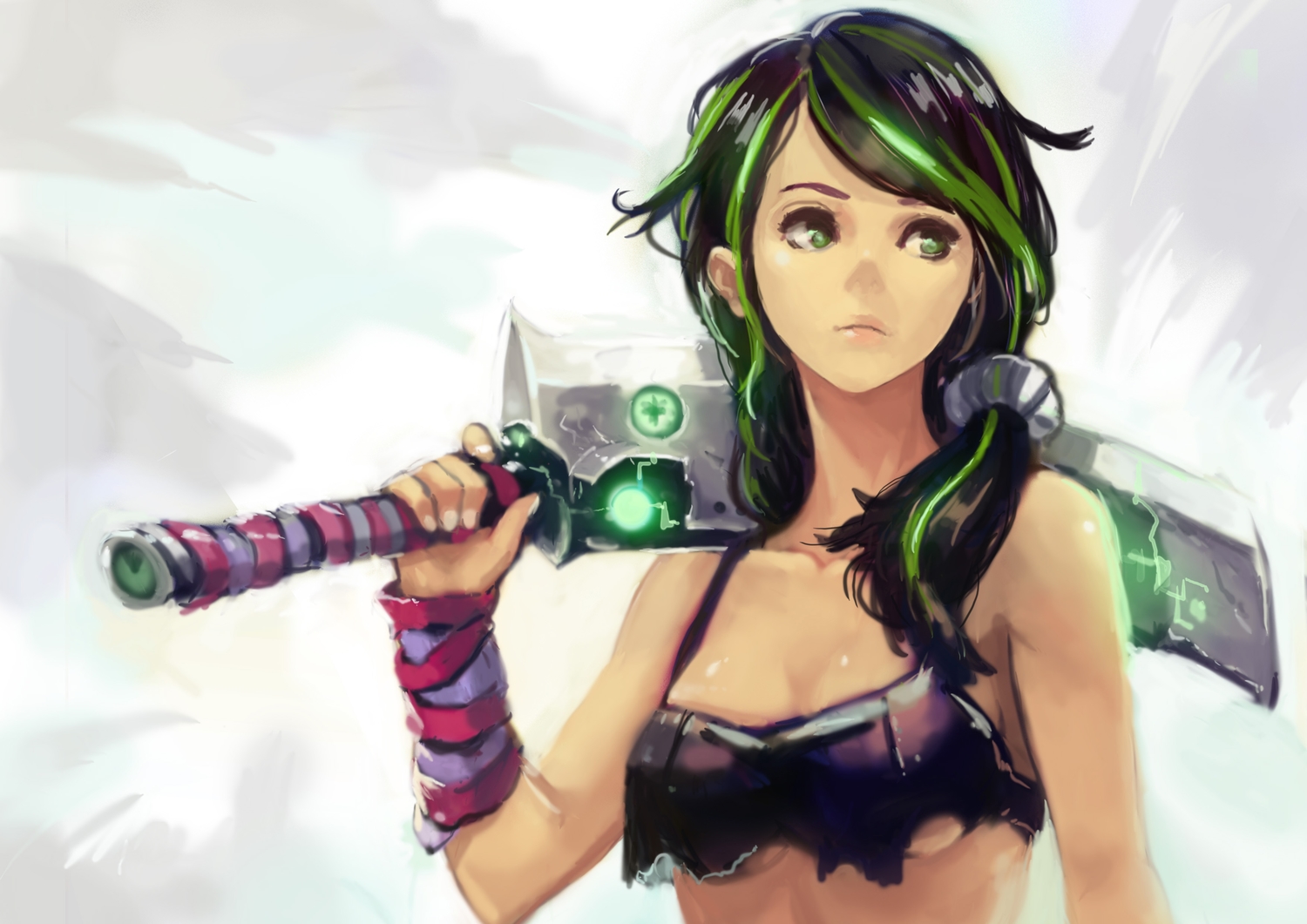 bikini_top, green_eyes, green_hair, okuto, original, sword, weapon, wristwear