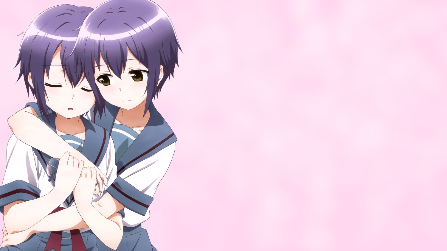 brown_eyes, glasses, hug, nagato_yuki, nagato_yuki-chan_no_shoushitsu, purple_hair, school_uniform, short_hair
