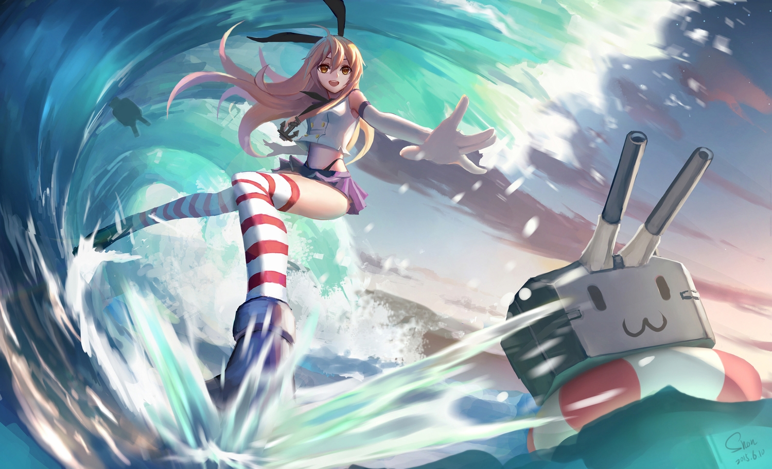 anthropomorphism, blonde_hair, boots, clouds, elbow_gloves, gloves, headband, kantai_collection