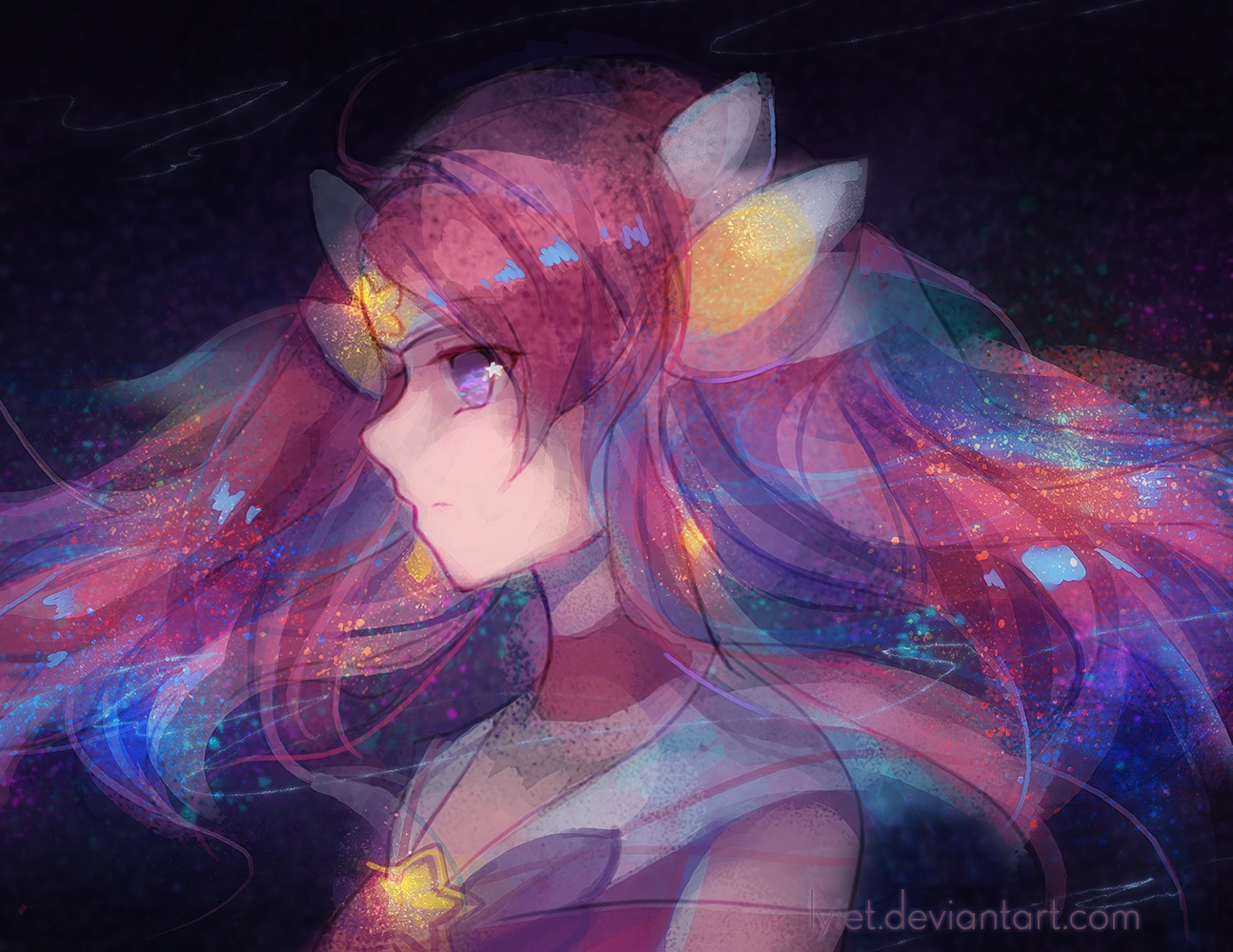 choker, headdress, league_of_legends, luxanna_crownguard, lyiet, pink_hair, purple_eyes, watermark