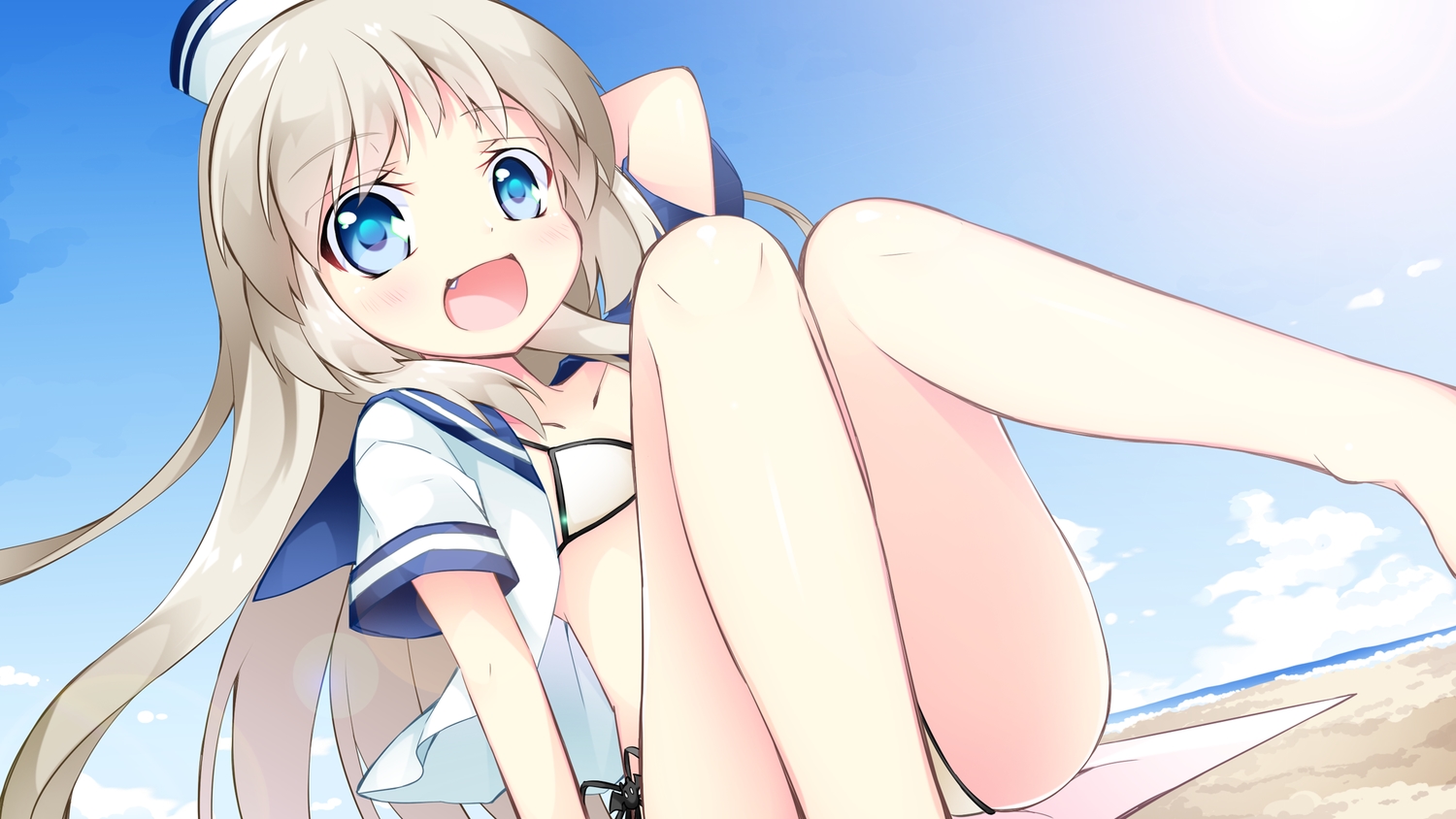 aqua_eyes, beach, bikini, fang, gray_hair, hat, inumine_aya, little_busters!