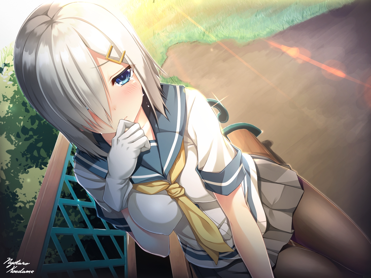 anthropomorphism, blue_eyes, crying, erect_nipples, gloves, gray_hair, hamakaze_(kancolle), kantai_collection, moeki_yuuta, pantyhose, park, school_uniform, short_hair, signed, skirt, tears