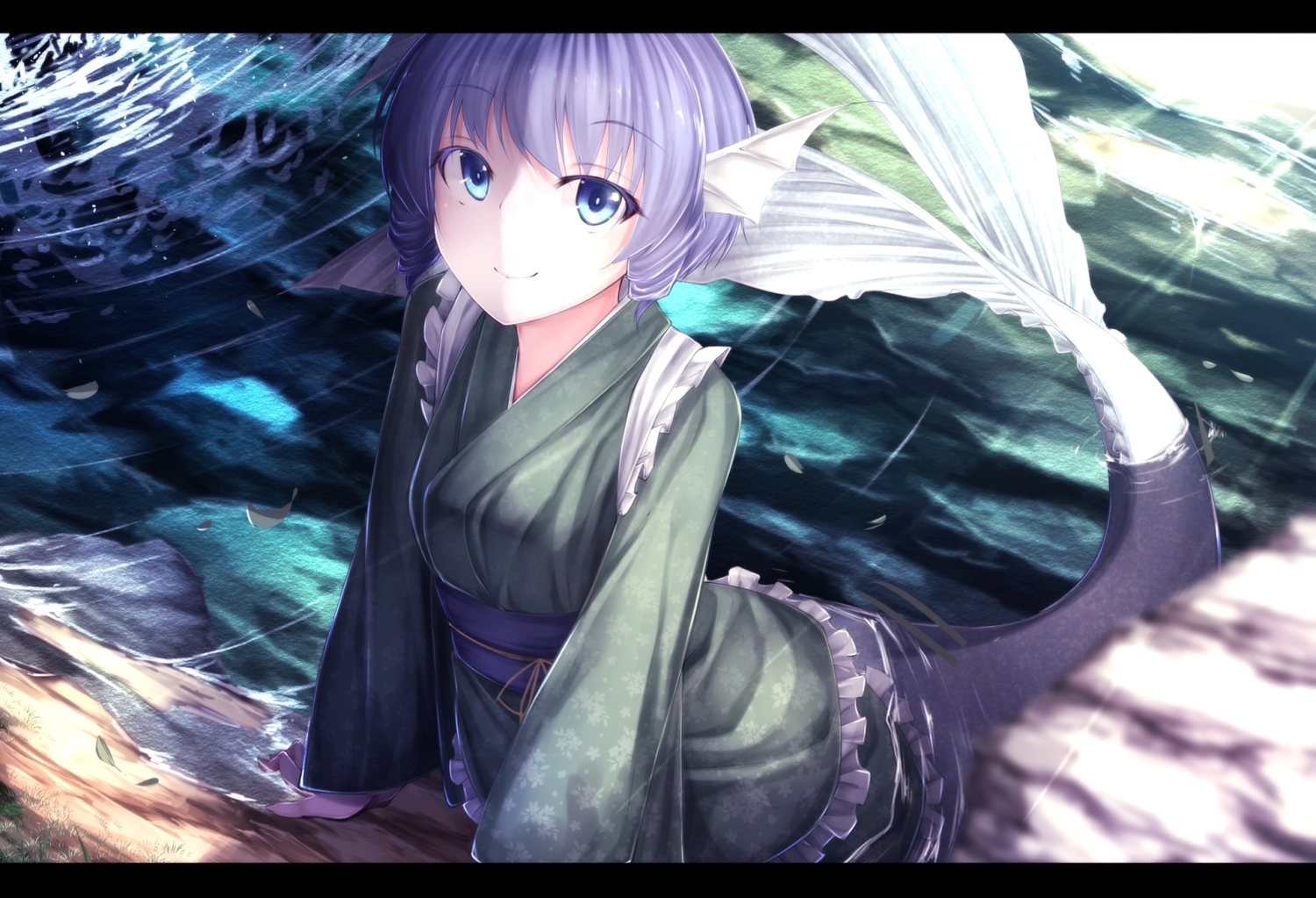 blue_eyes, long_hair, mermaid, purple_hair, rerrere, touhou, wakasagihime, water