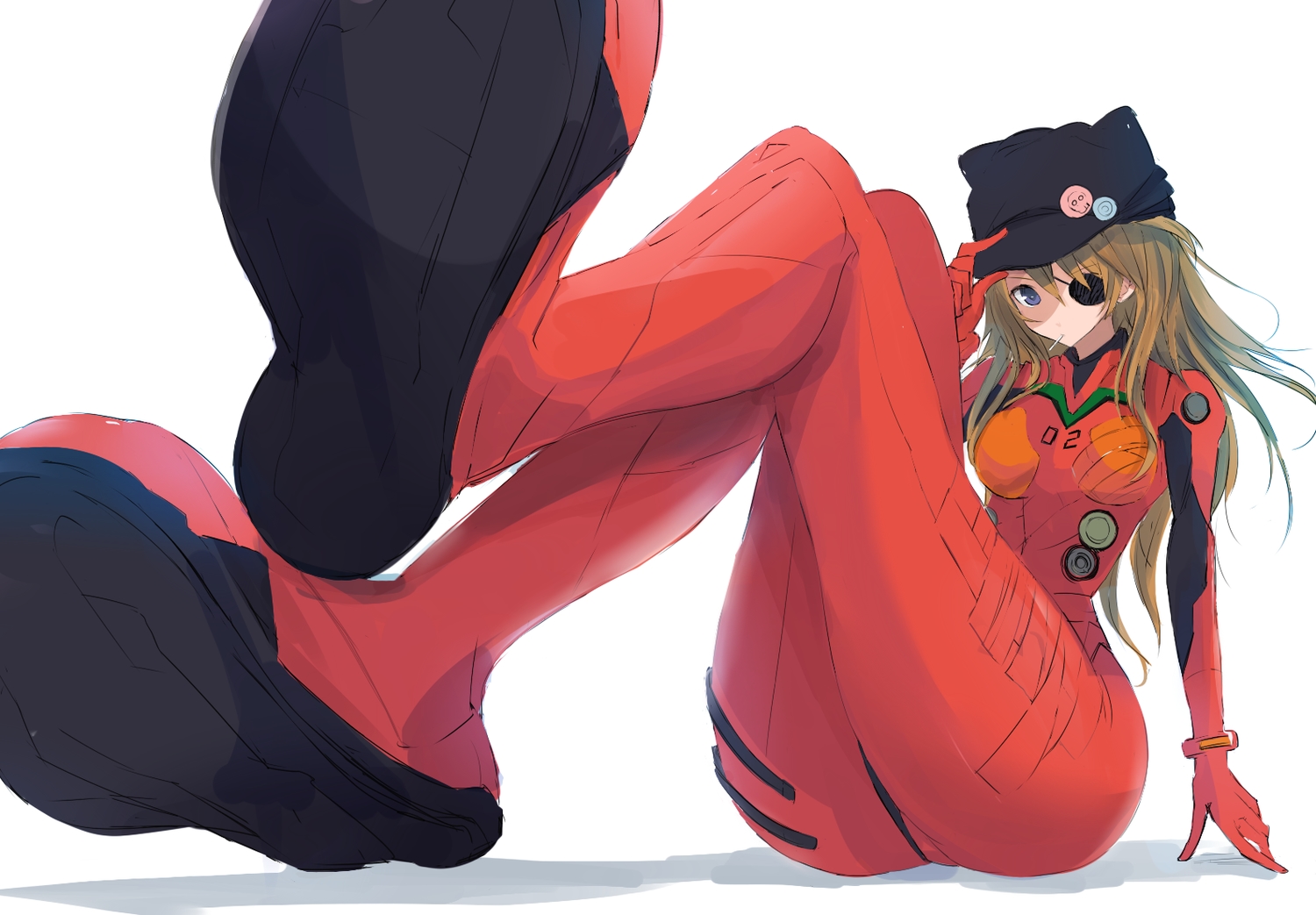 bodysuit, brown_hair, close, eyepatch, hat, long_hair, nao_(qqqbb), neon_genesis_evangelion, soryu_asuka_langley, white