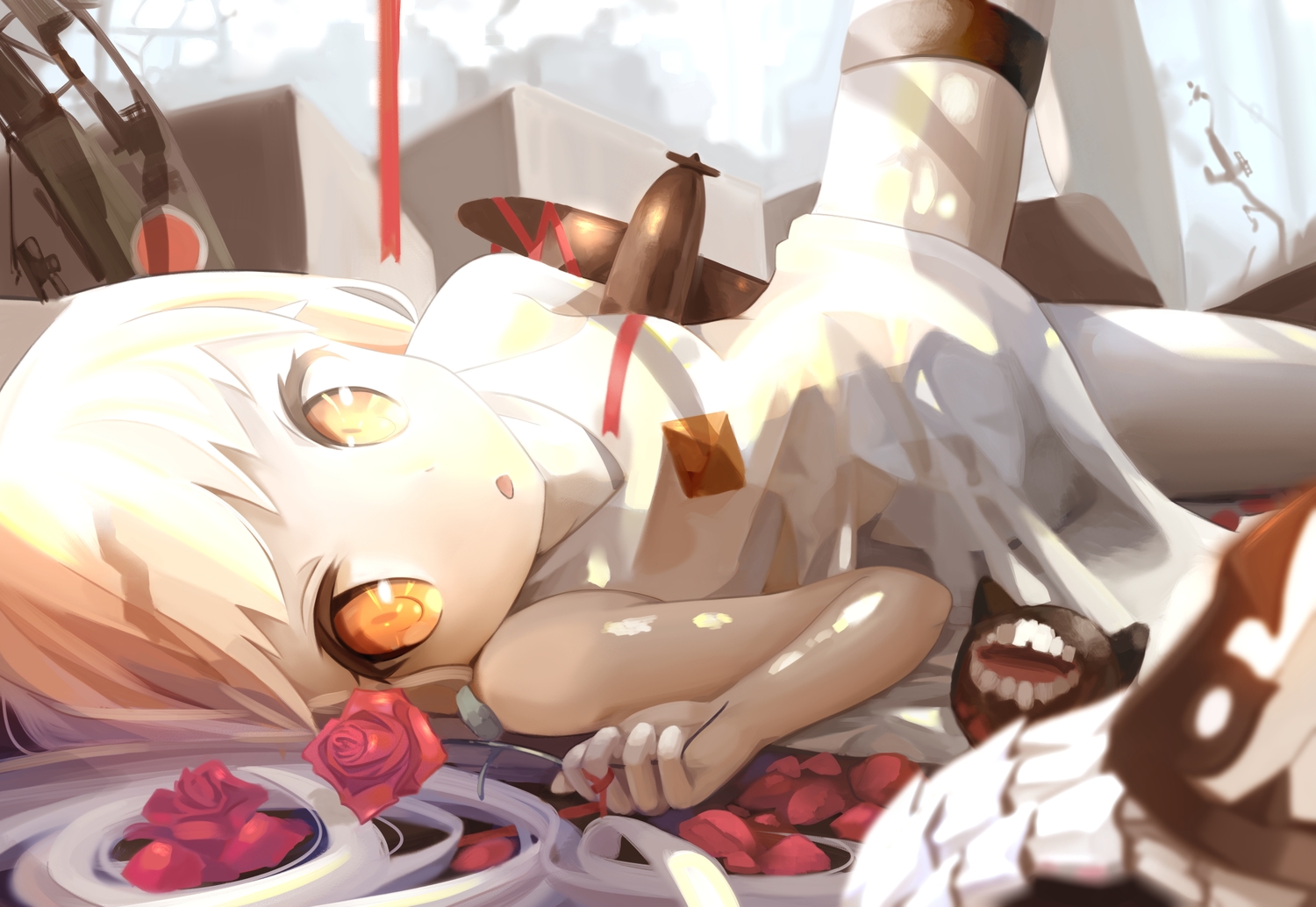 anthropomorphism, flowers, kantai_collection, nasubi_(fian0202), northern_ocean_hime, orange_eyes, rose, thighhighs