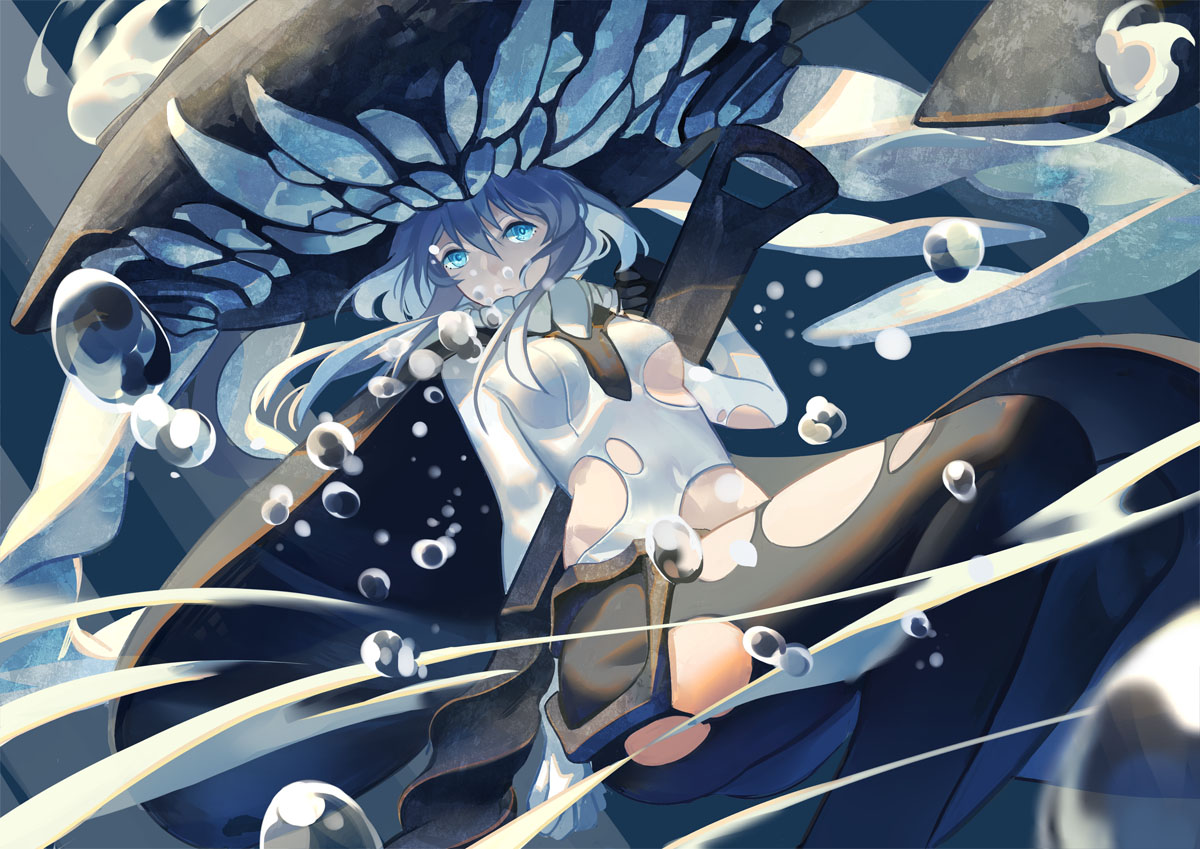 anthropomorphism, bubbles, headdress, jpeg_artifacts, kantai_collection, pantyhose, torn_clothes, underwater