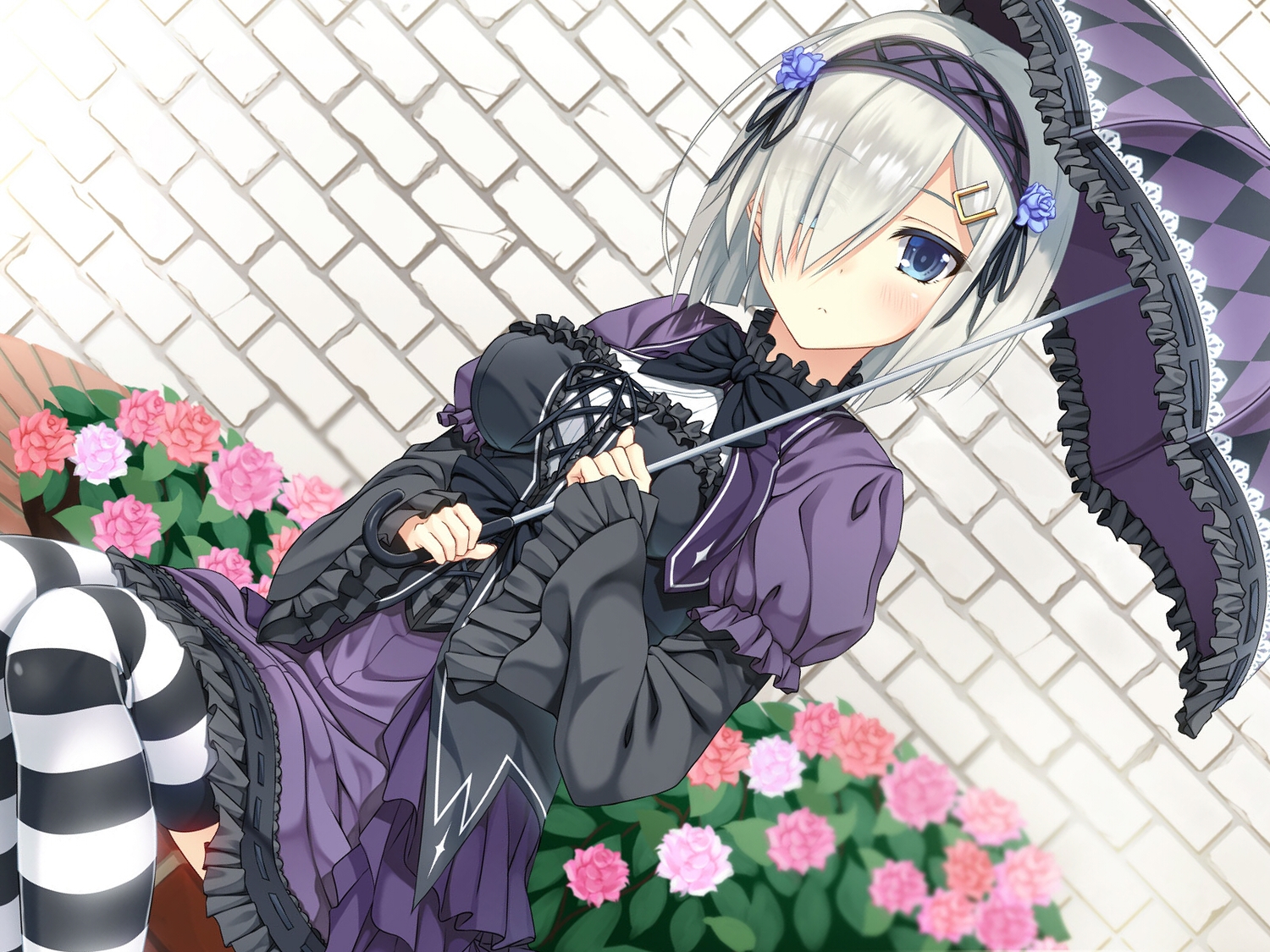 anthropomorphism, blue_eyes, bow, flowers, goth-loli, hamakaze_(kancolle), headband, kantai_collection, lolita_fashion, moeki_yuuta, short_hair, thighhighs, umbrella, white_hair