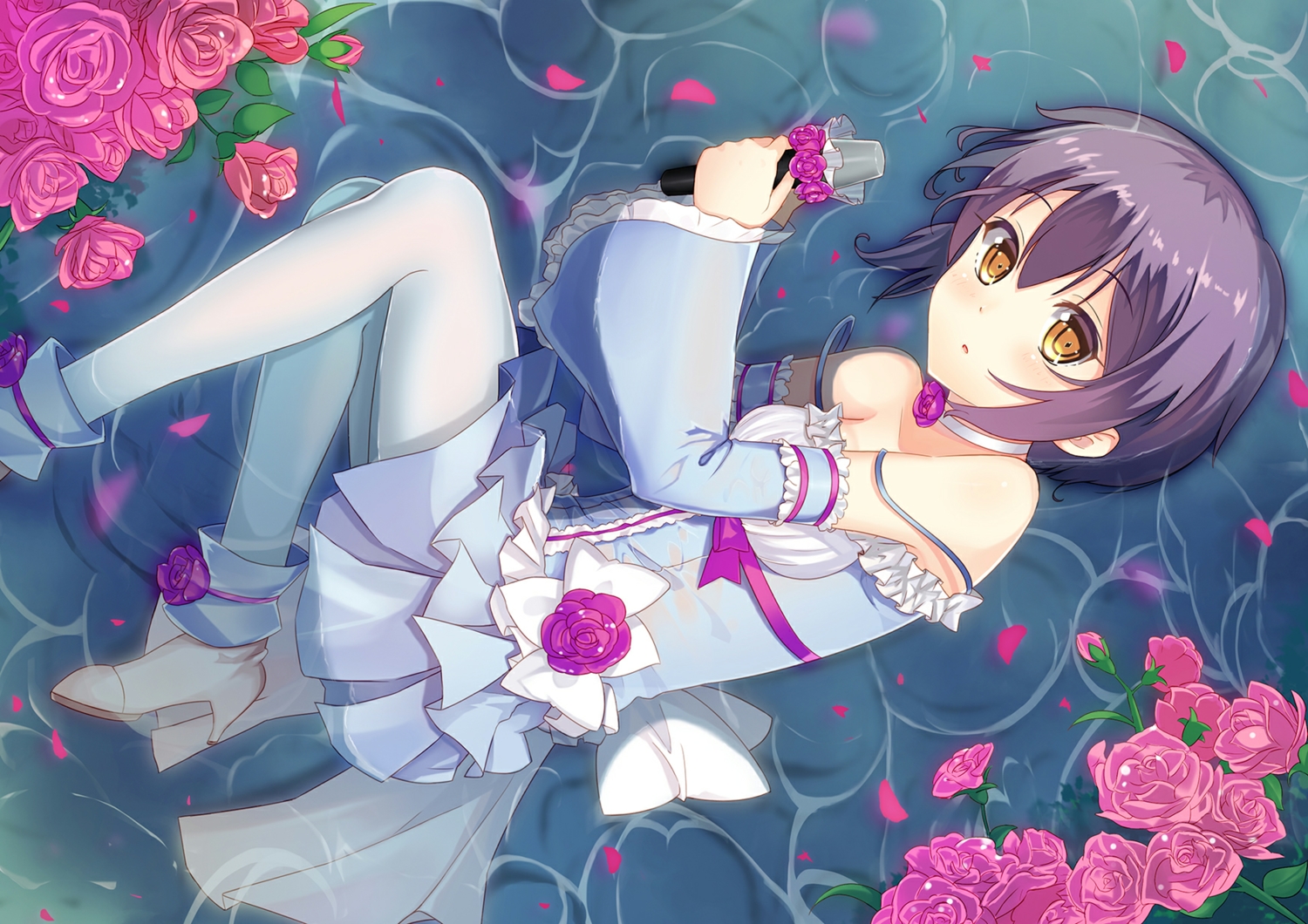 boots, brown_eyes, choker, dance_of_eternity, flowers, lolita_fashion, microphone, nagato_yuki, pantyhose, petals, purple_hair, rose, short_hair, suzumiya_haruhi_no_yuutsu, water, wet