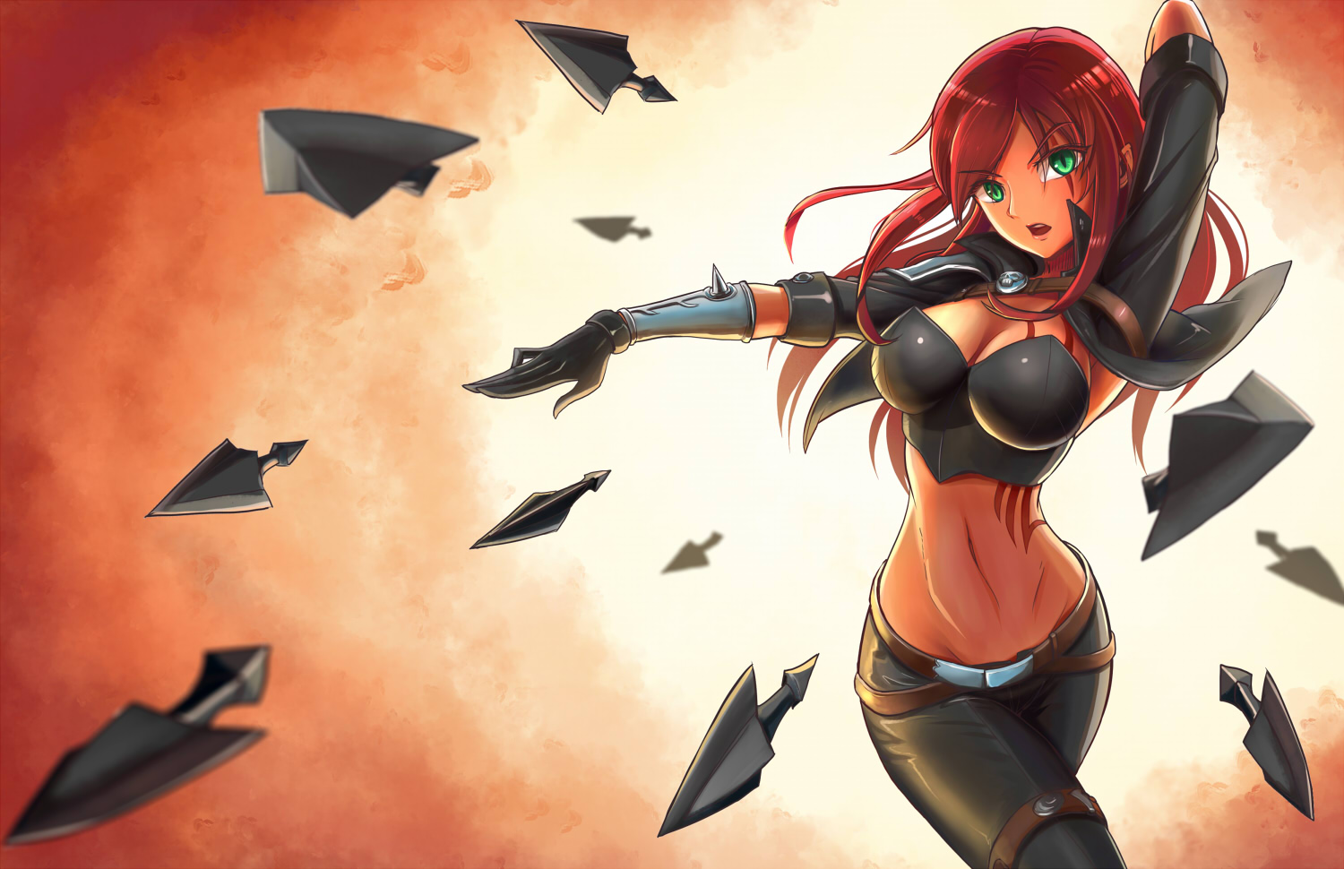 armor, breasts, chanseven, cleavage, gloves, green_eyes, katarina, league_of_legends