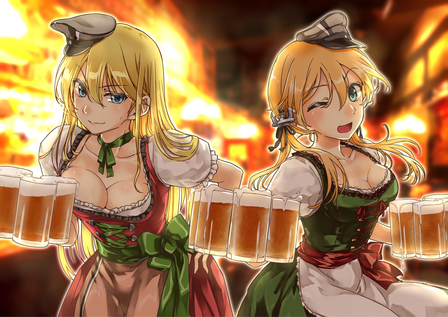 2girls, abo_(hechouchou), anthropomorphism, apron, bismarck_(kancolle), blonde_hair, breasts, cleavage