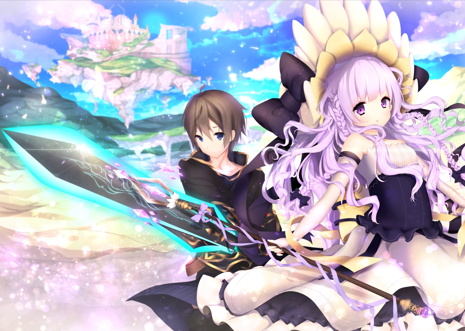 blue_eyes, bow, braids, brown_hair, clouds, dress, elbow_gloves, gloves, headdress, kabako, long_hair, male, original, purple_eyes, purple_hair, short_hair, sky, staff, sword, weapon