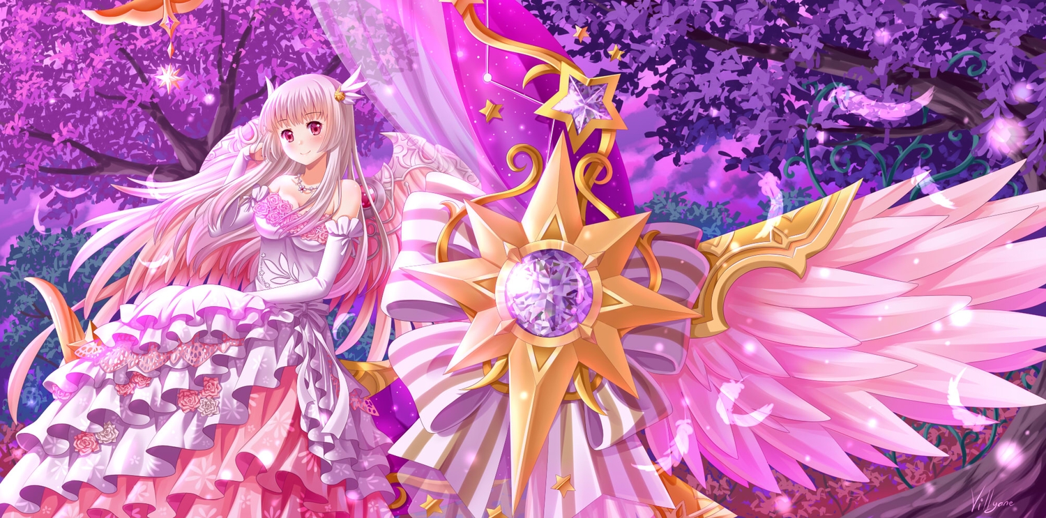 dress, elbow_gloves, fantasy_frontier, feathers, gloves, lolita_fashion, long_hair, necklace