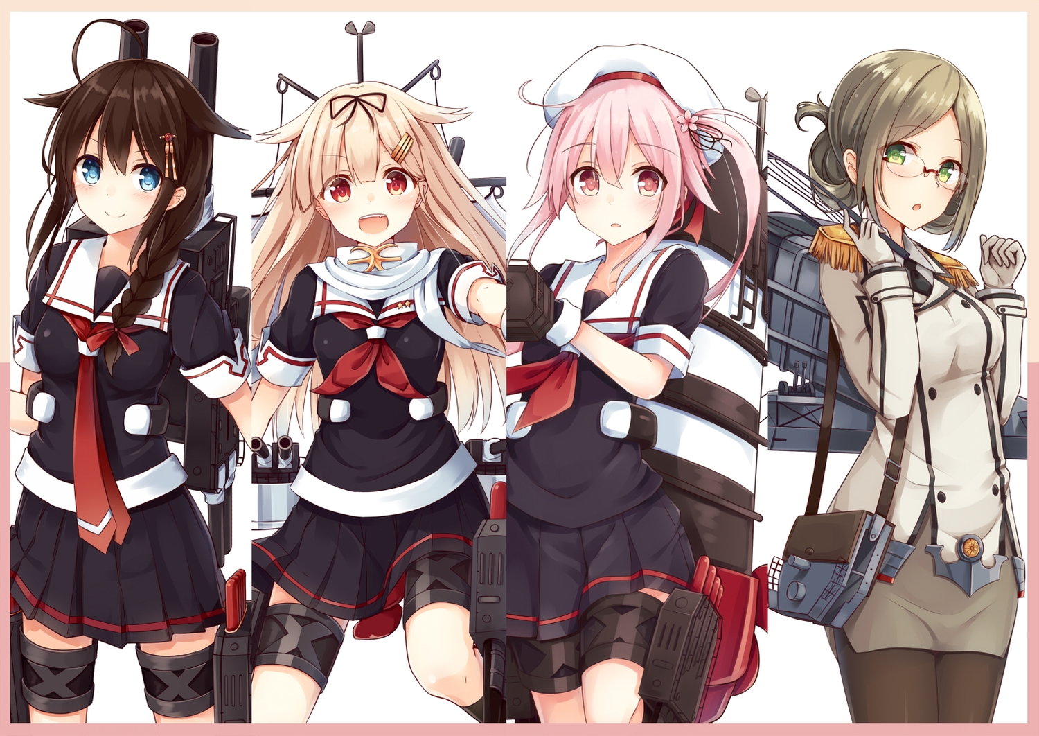 anthropomorphism, blush, fang, glasses, harusame_(kancolle), hat, kantai_collection, katori_(kancolle), pantyhose, school_uniform, shigure_(kancolle), skirt, tie, tsuchikure_(3105mitoko), uniform, white, yuudachi_(kancolle)