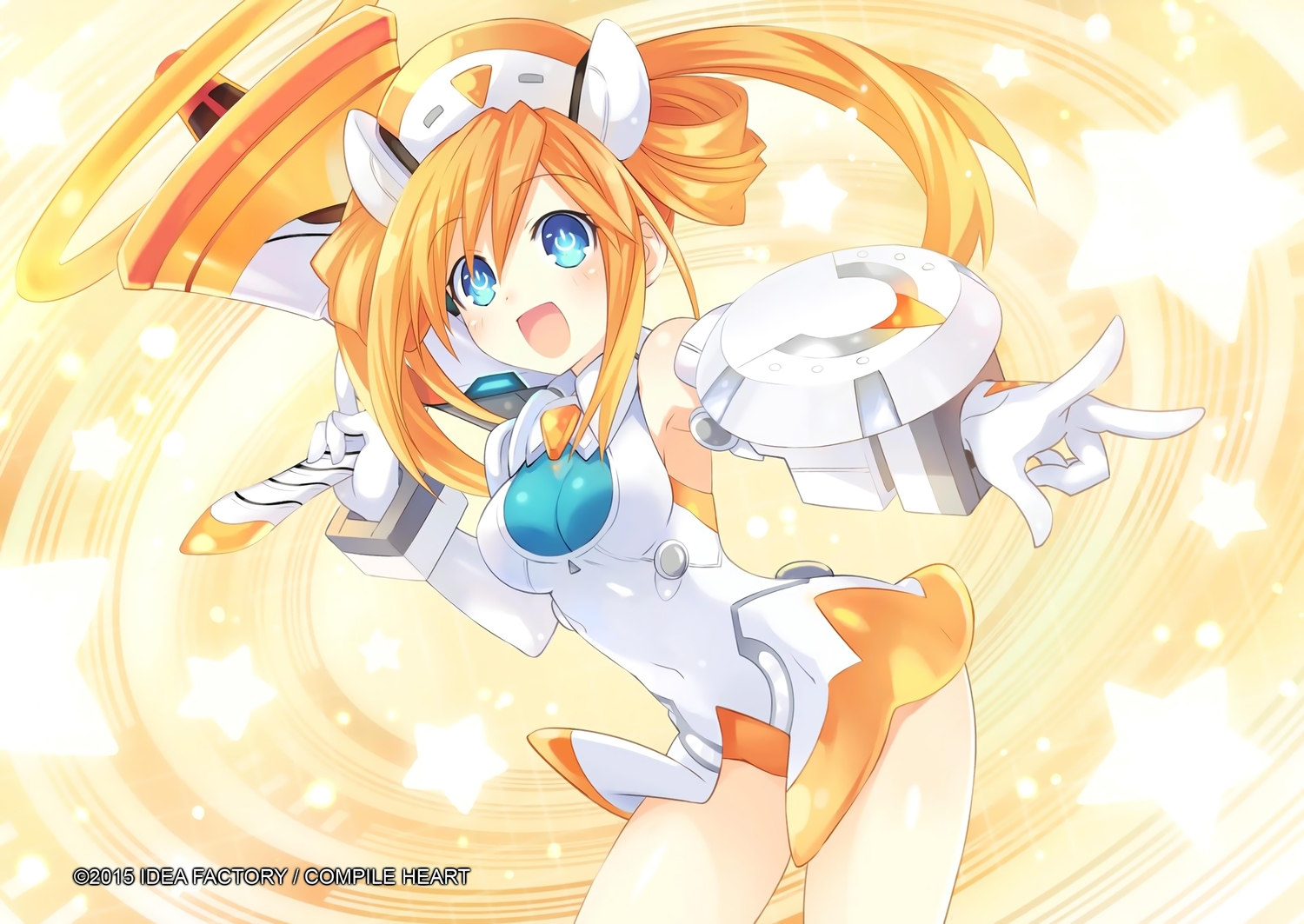 blue_eyes, bodysuit, breasts, compile_heart, elbow_gloves, gloves, hyperdimension_neptunia, long_hair, orange_hair, orange_heart, tennouboshi_uzume, tsunako, weapon