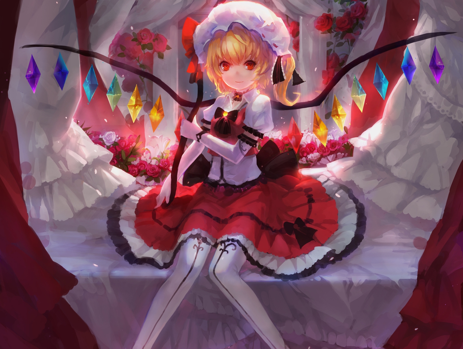 bed, blonde_hair, choker, cropped, elbow_gloves, flandre_scarlet, flowers, fom_(lifotai)