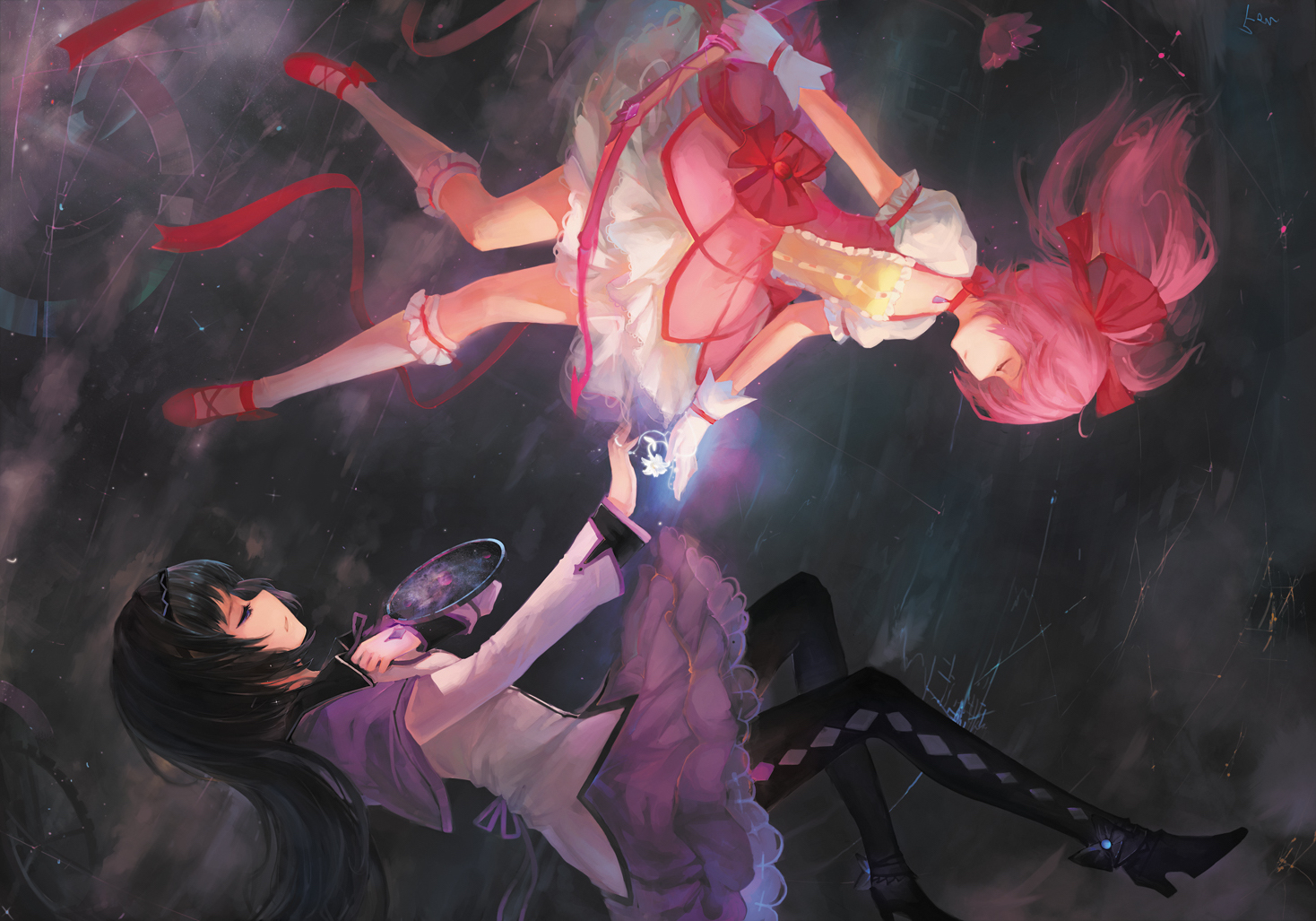 akemi_homura, black_hair, choker, dark, dress, flowers, fom_(lifotai), gloves