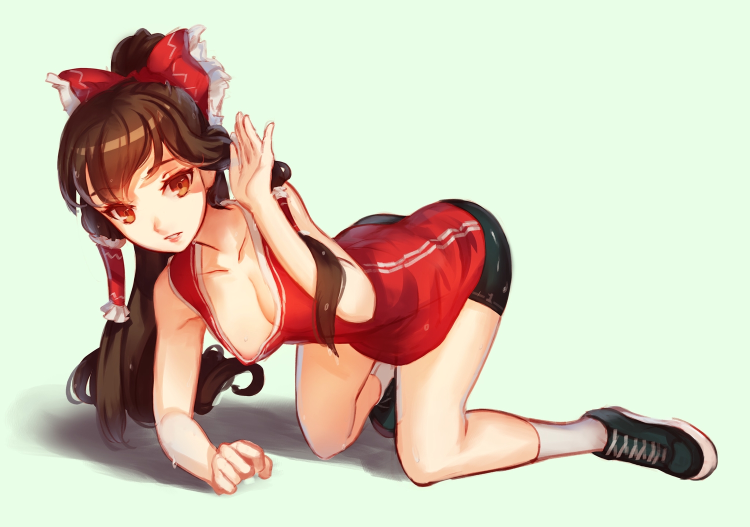 ass, bike_shorts, bow, breasts, brown_hair, cleavage, doomfest, hakurei_reimu