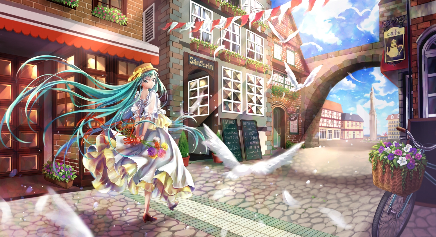 blue_eyes, blue_hair, building, city, hatsune_miku, iria_(yumeirokingyo), long_hair, twintails