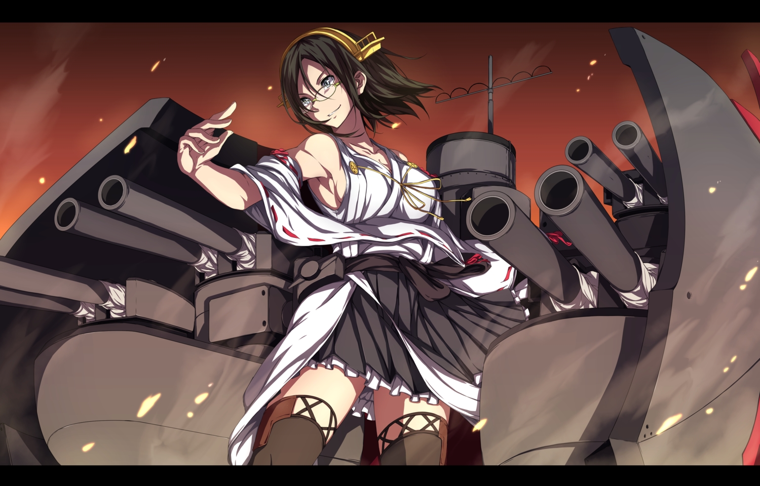 anthropomorphism, glasses, headband, japanese_clothes, kantai_collection, kirishima_(kancolle), nagioka, short_hair