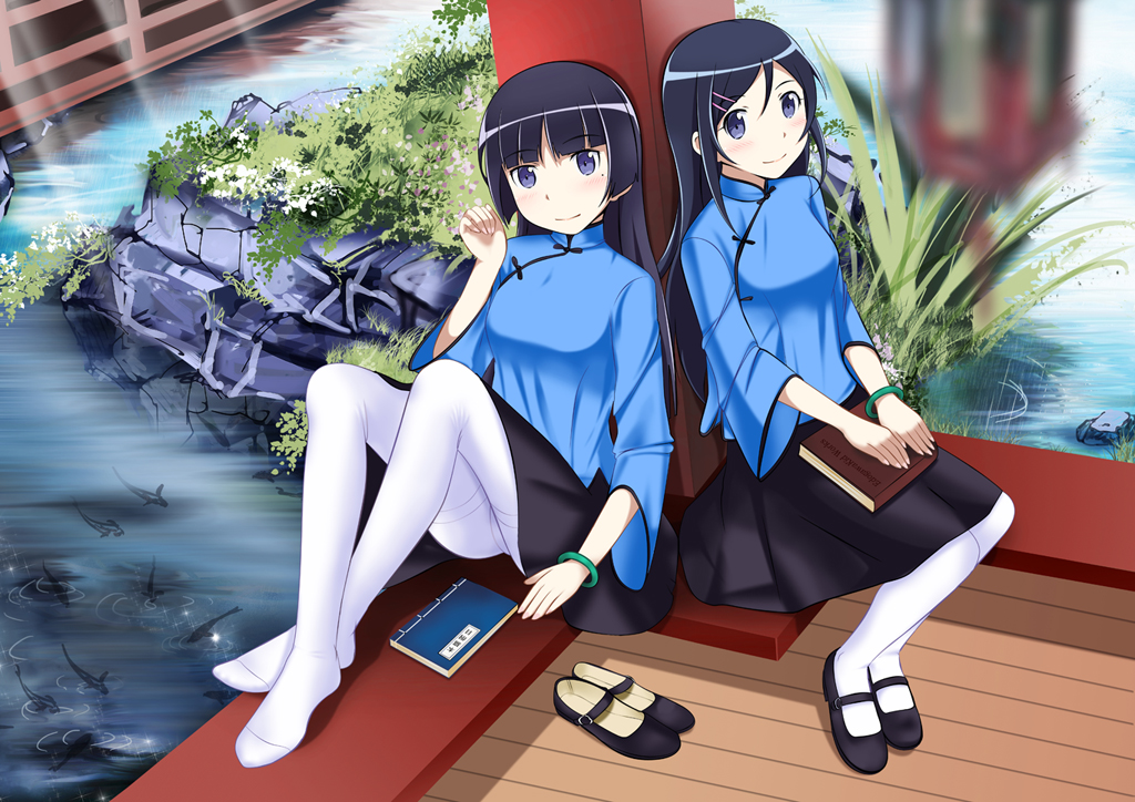 2girls, animal, aragaki_ayase, black_hair, blush, book, chinese_clothes, edogawakid